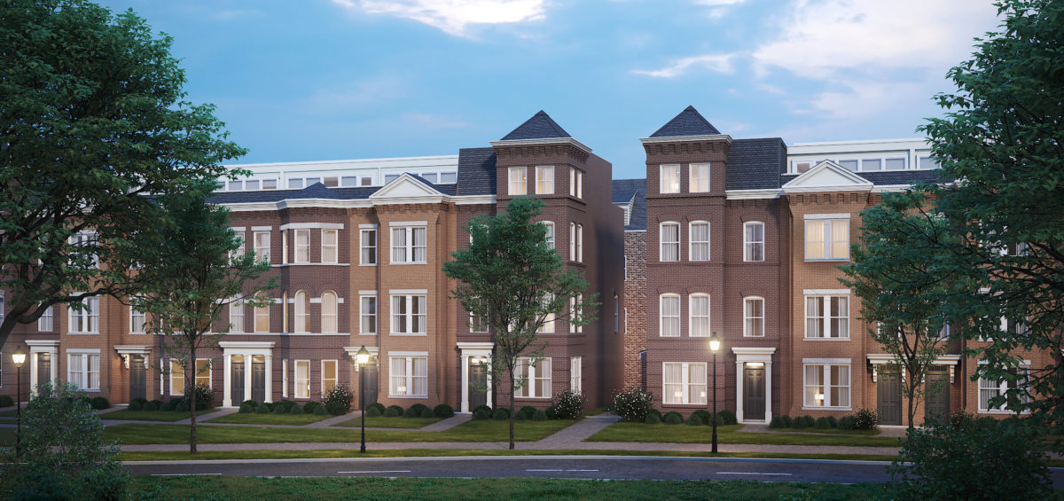 3d exterior rendering: Front Dusk Townhome Rendering